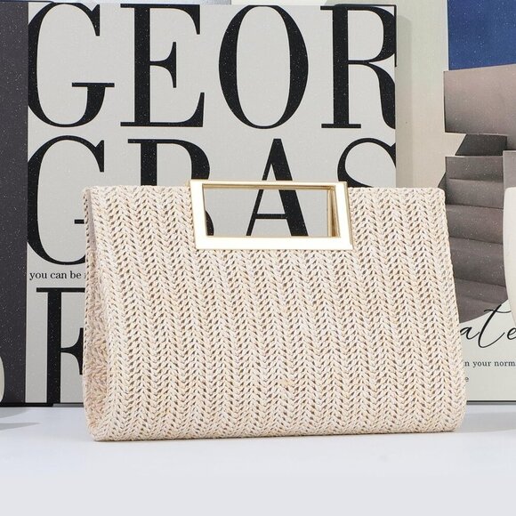 Women Straw Clutch Top Handle Woven Summer Evening Crossbody Bag Purse - Picture 7 of 8